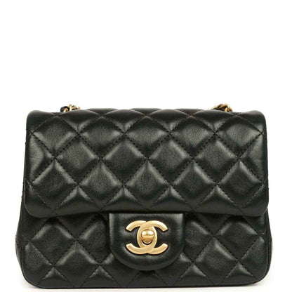 Black quilted mini flap bag with gold CC turn-lock and chain strap