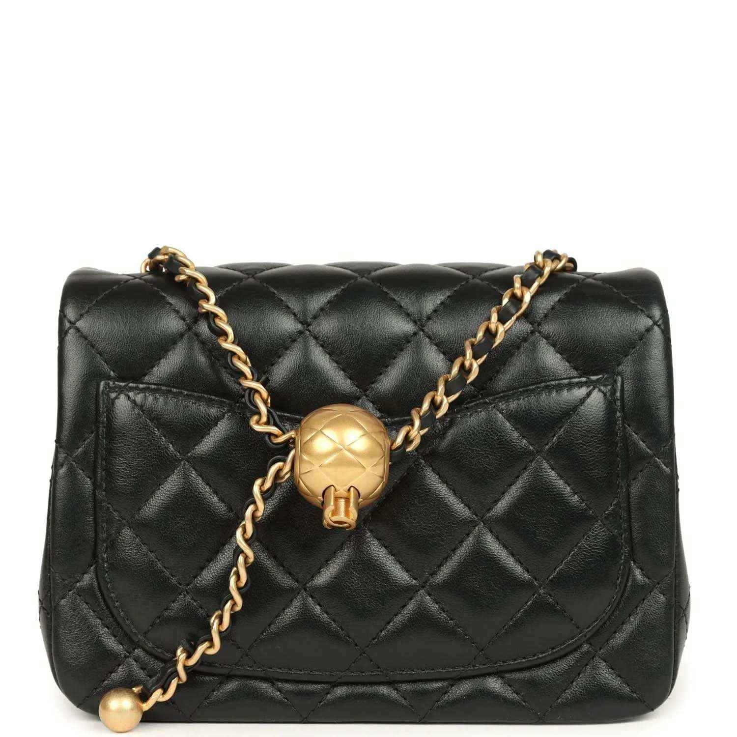 Black quilted mini flap bag with gold CC medallion and shoulder chain