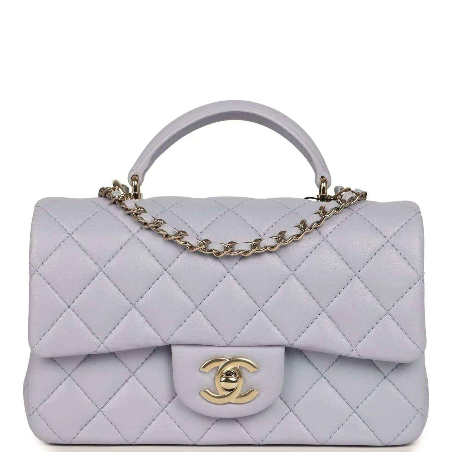 Mini rectangular flap bag in light purple quilted leather with gold-tone chain and CC clasp
