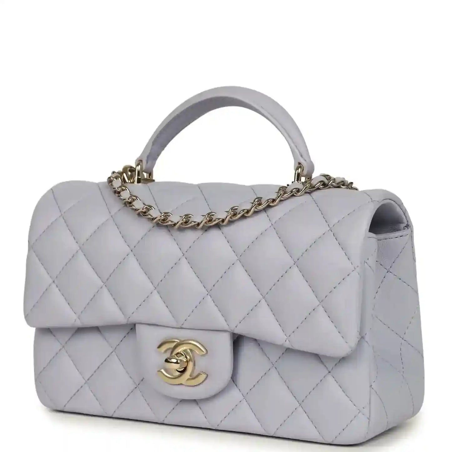 Mini rectangular flap bag in light purple quilted leather with gold-tone CC logo on front