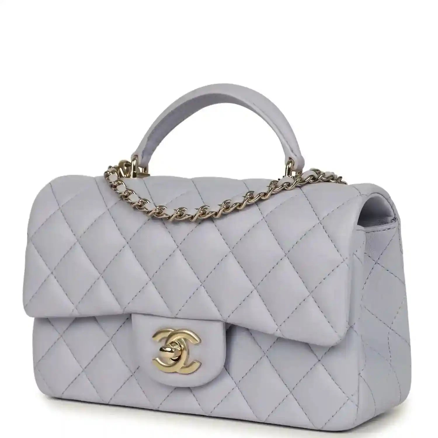 Mini rectangular flap bag in light purple quilted leather with gold-tone CC logo on front