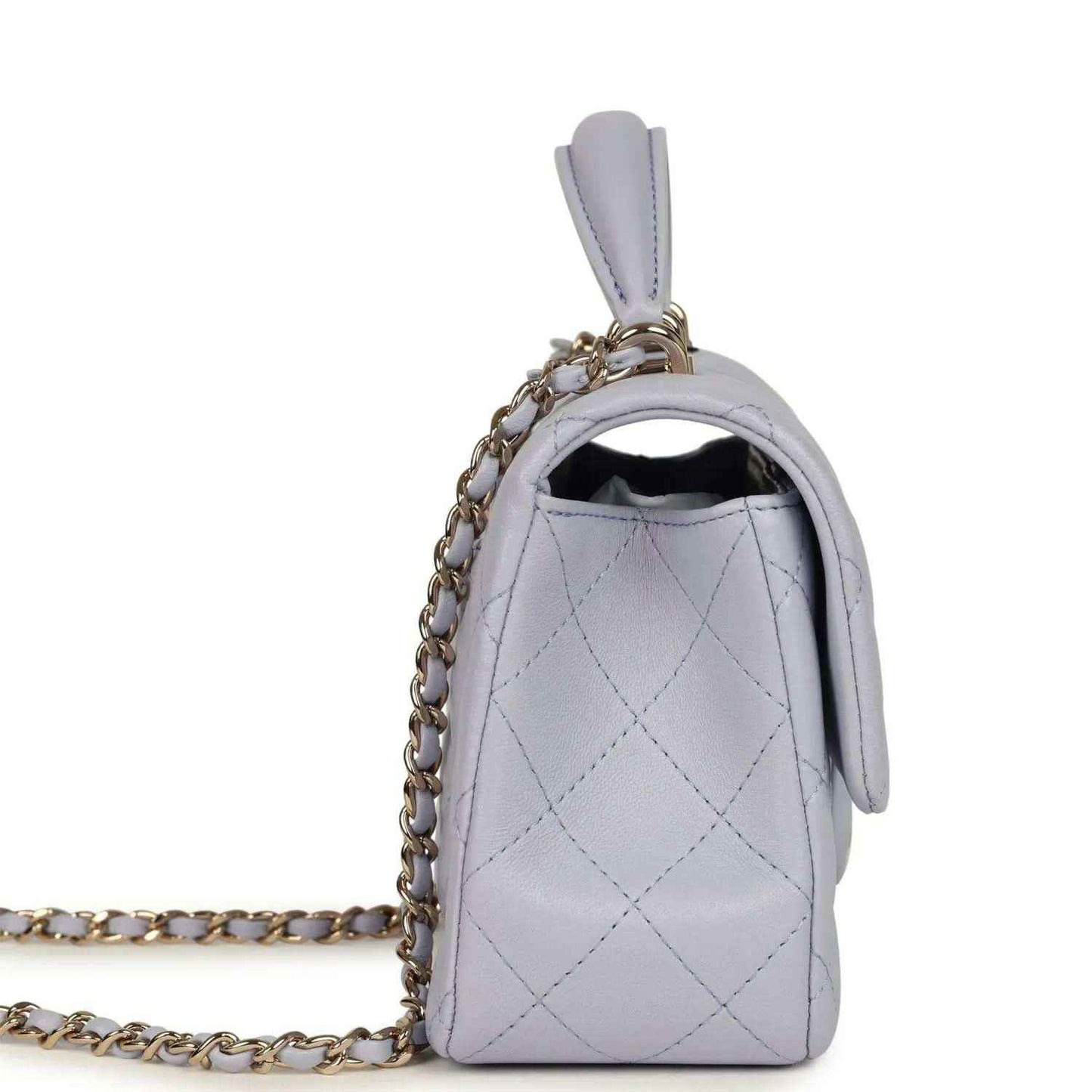 Mini rectangular flap bag side view in light purple quilted leather with chain strap