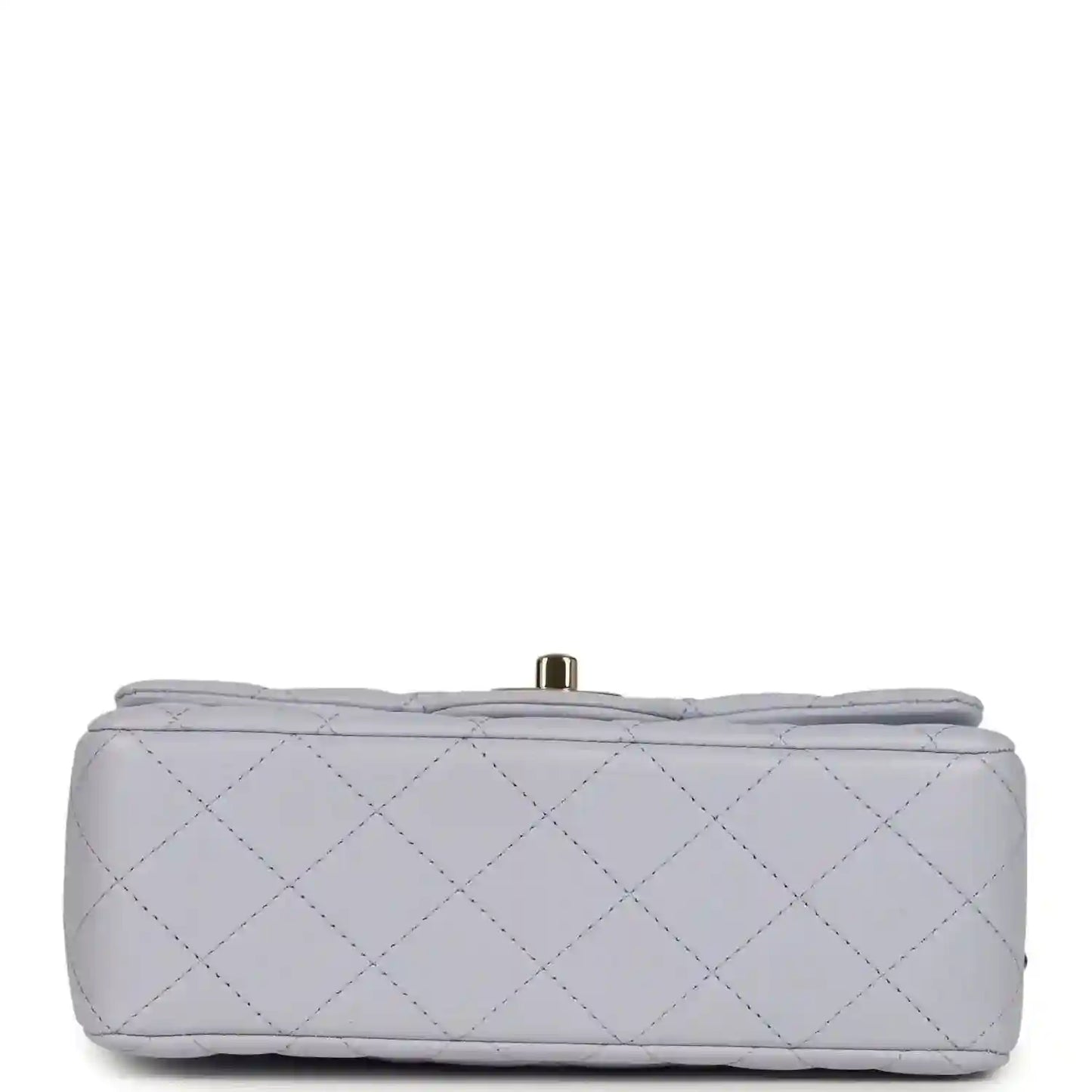 Mini rectangular flap bag back view in light purple quilted leather with small top bar