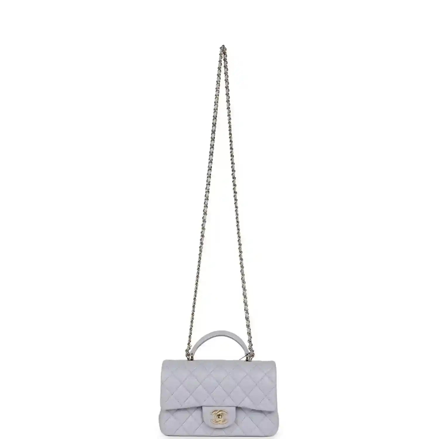 Mini rectangular flap bag with long chain strap in light purple quilted leather and CC logo