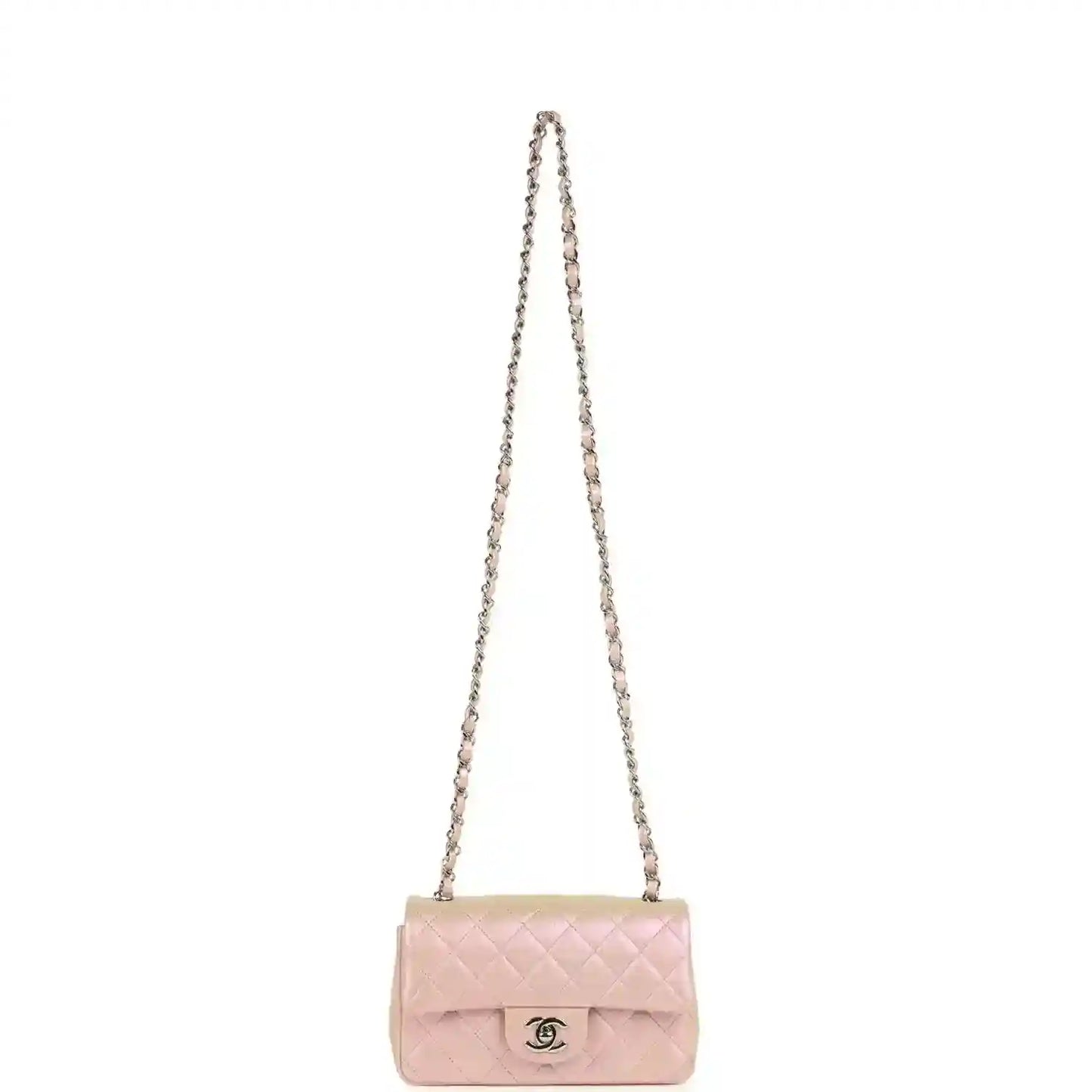 Chanel mini classic flap bag, pink quilted leather, silver chain shoulder strap