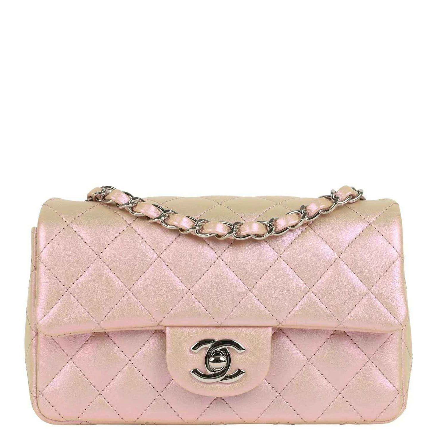 Chanel mini classic rectangular flap bag, pink quilted leather, silver chain strap