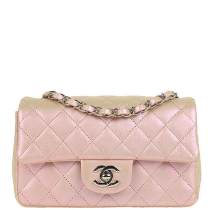 Chanel mini classic rectangular flap bag, pink quilted leather, silver chain strap