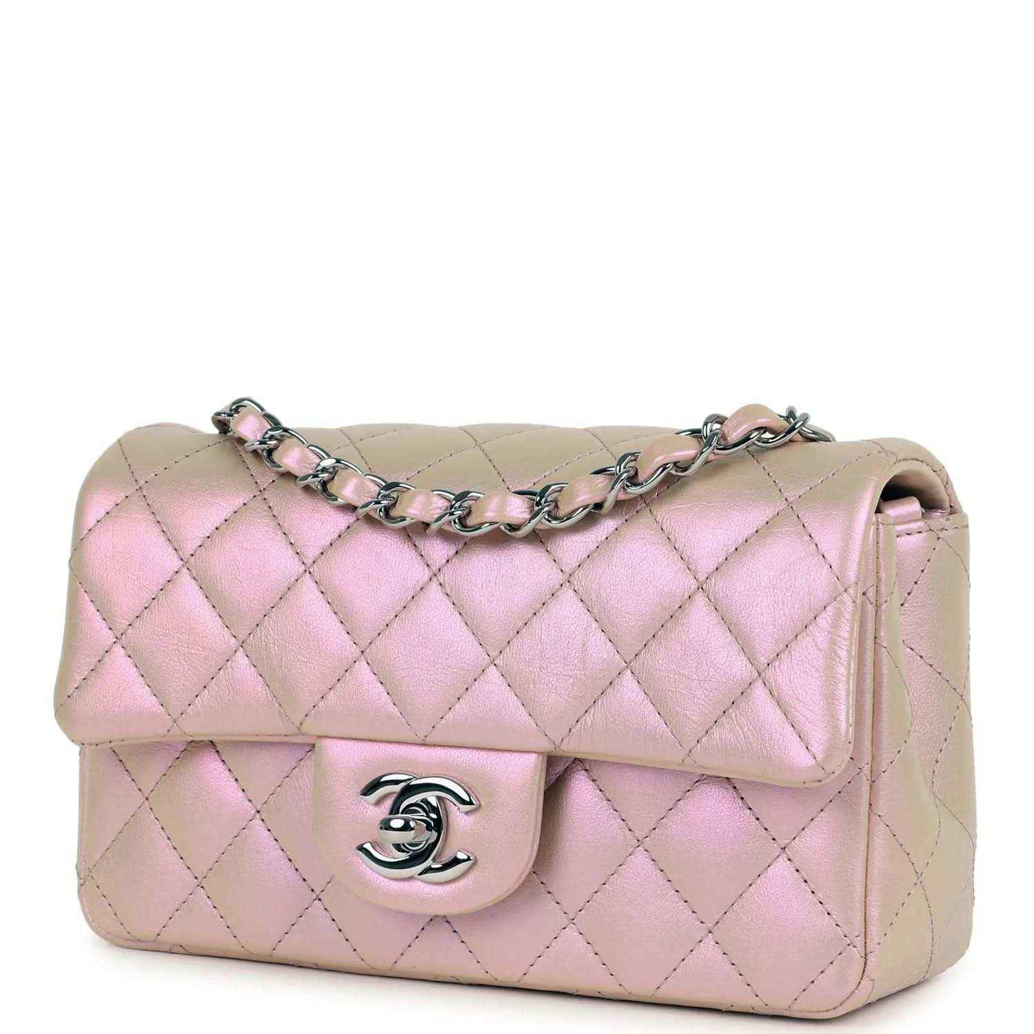 Chanel mini classic rectangular flap bag, pink quilted leather, front flap with logo