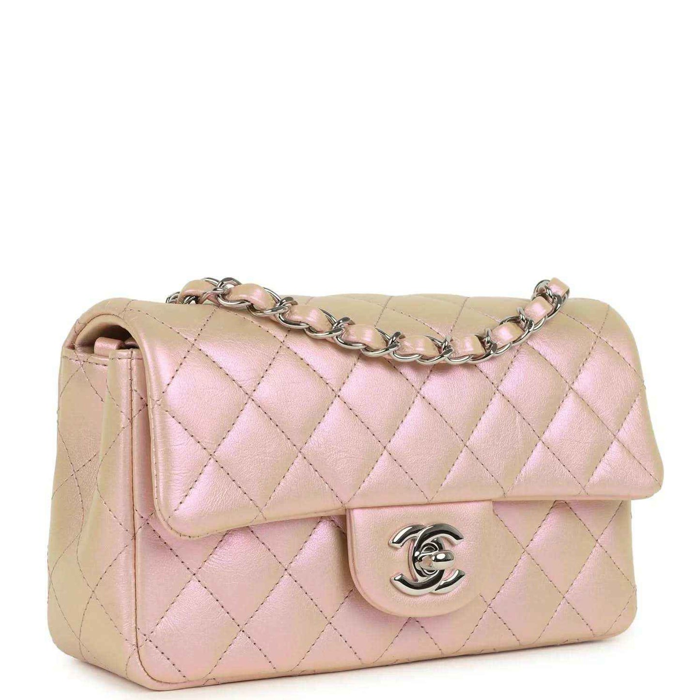 Chanel mini classic rectangular flap bag, pink quilted leather, front flap and chain
