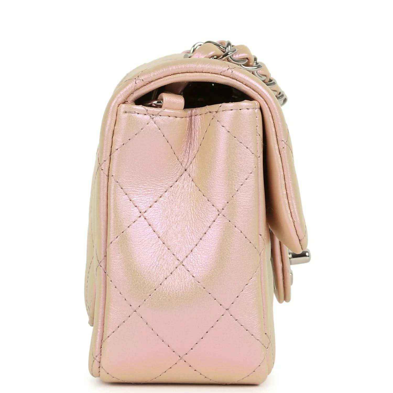 Chanel mini classic flap bag, pink quilted leather back panel with chain hardware