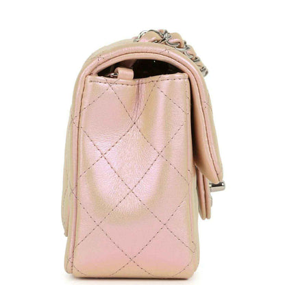 Chanel mini classic flap bag, pink quilted leather back panel with chain hardware