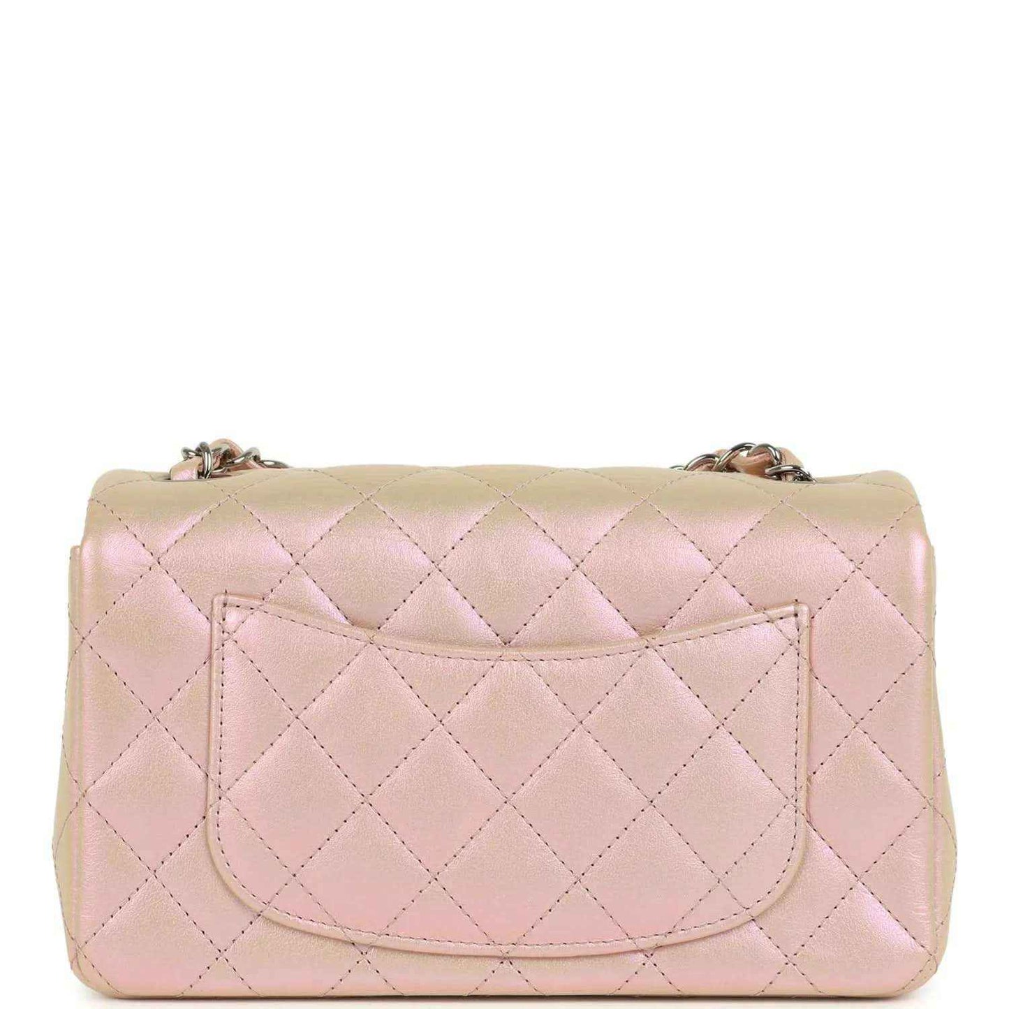 Chanel mini classic rectangular flap bag, pink quilted leather, front pocket detail