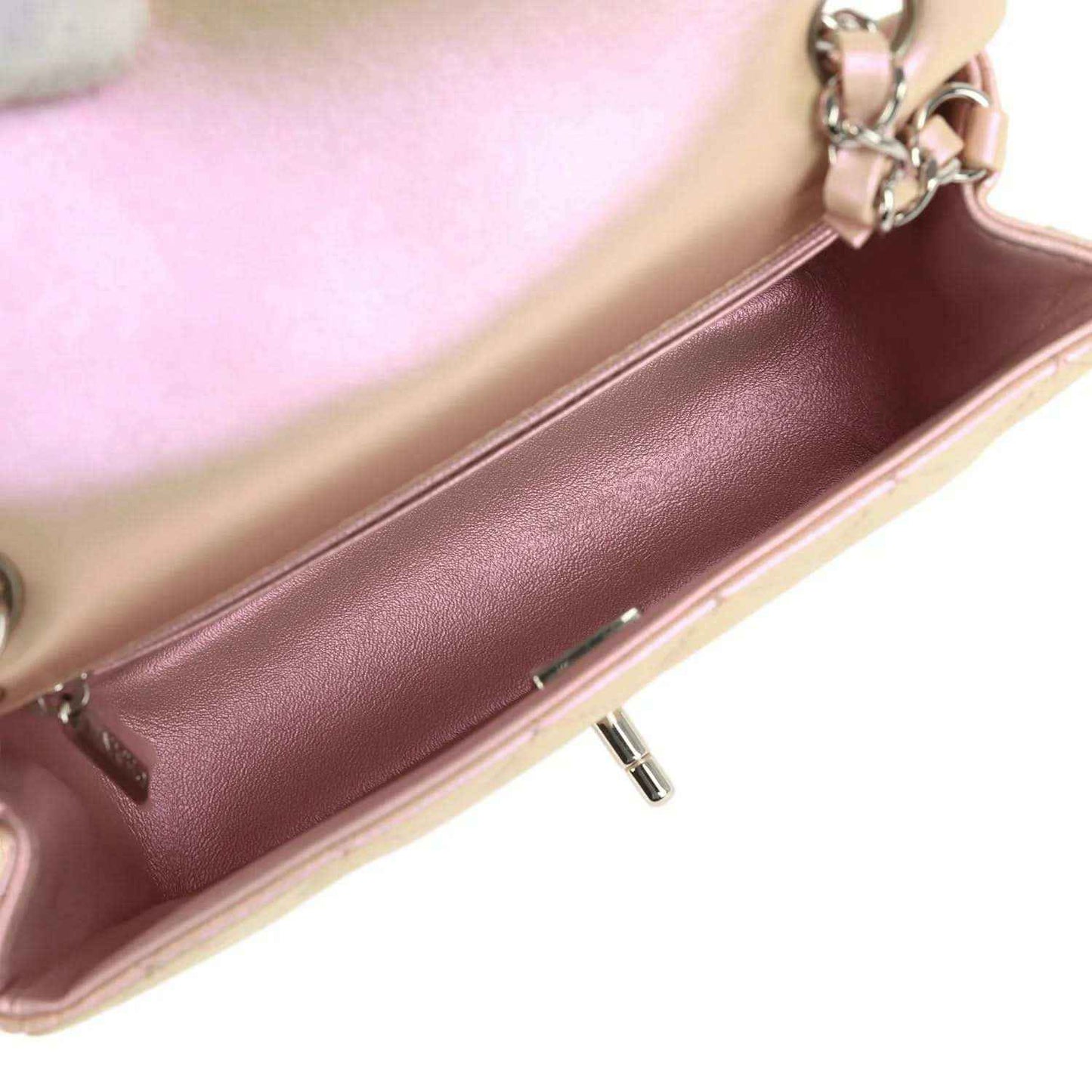 Chanel mini classic flap bag interior, burgundy lining and gold-tone zipper edge