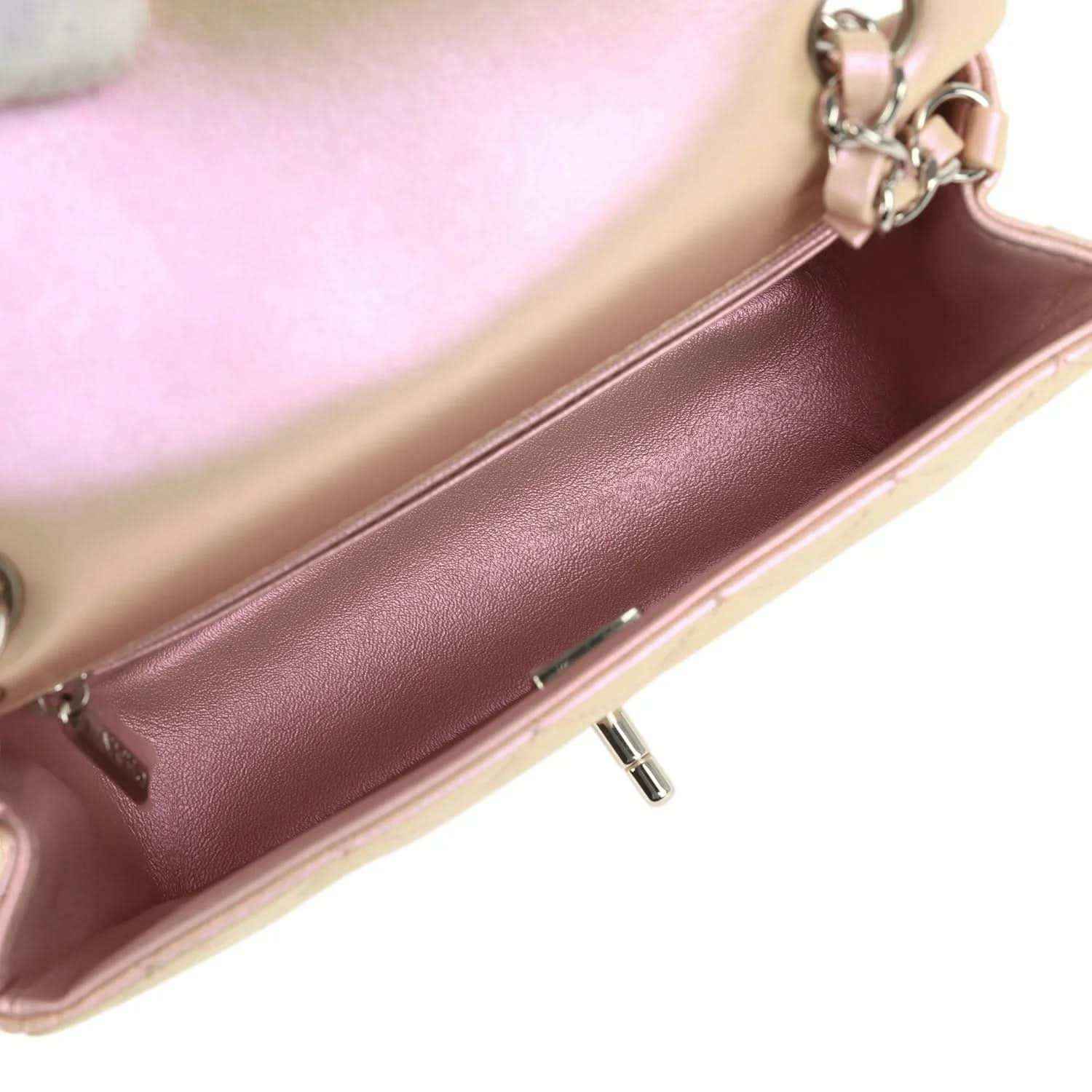 Chanel mini classic flap bag interior, burgundy lining and gold-tone zipper edge