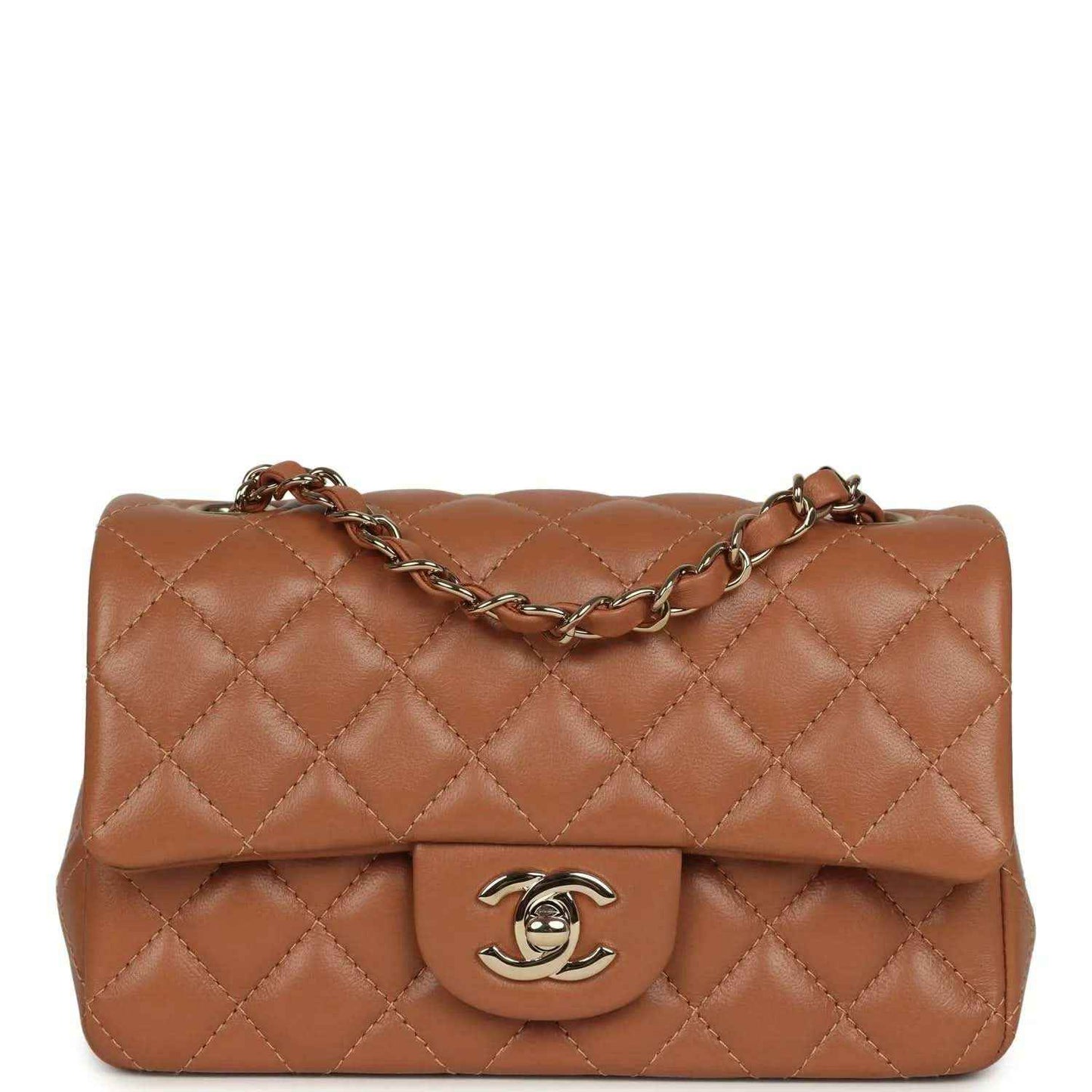 Mini rectangular flap bag, caramel quilted lambskin, gold-tone chain, CC clasp