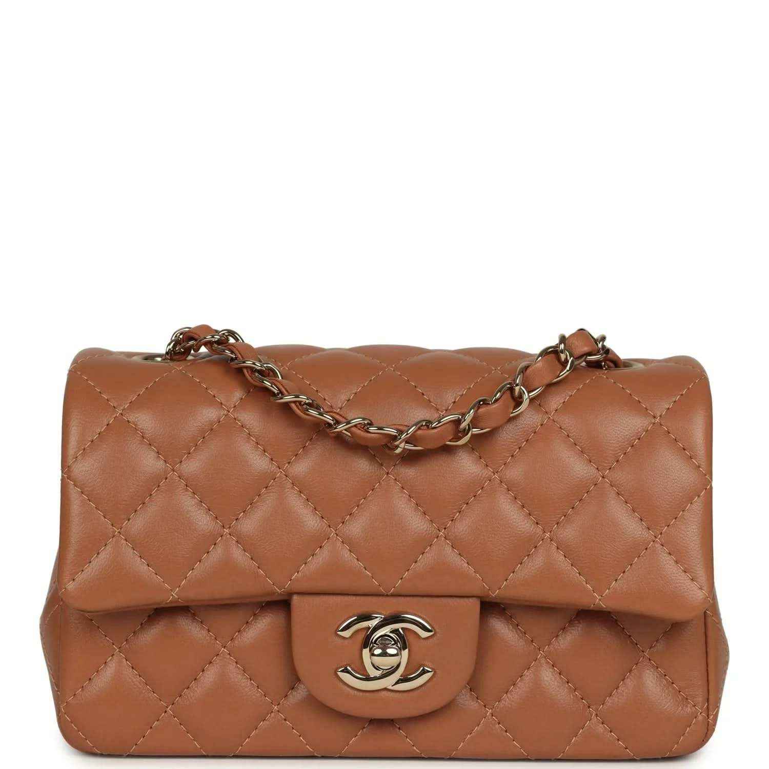 Mini rectangular flap bag, caramel quilted lambskin, gold-tone chain, CC clasp