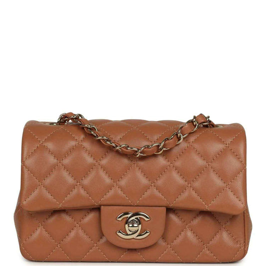 Mini rectangular flap bag, caramel quilted lambskin, gold-tone chain, CC clasp