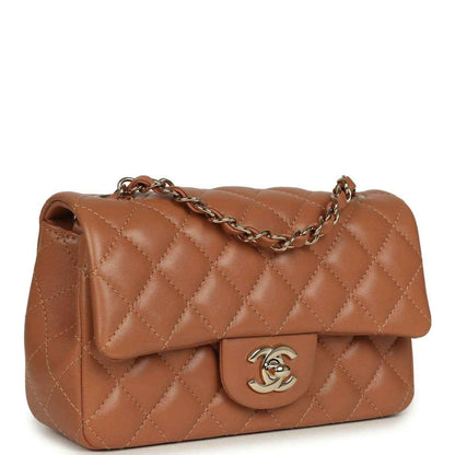 Mini rectangular flap bag, caramel quilted lambskin, front CC plaque, gold-tone chain