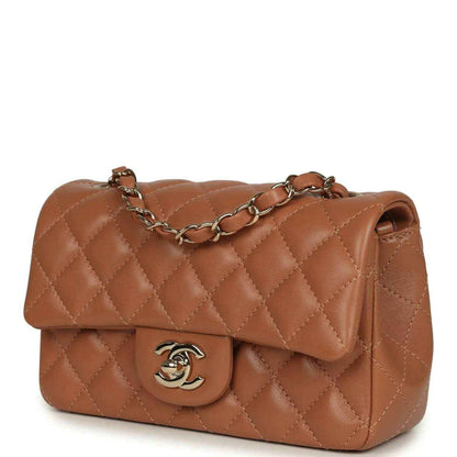 Mini rectangular flap bag, caramel quilted lambskin, gold-tone chain, CC front clasp