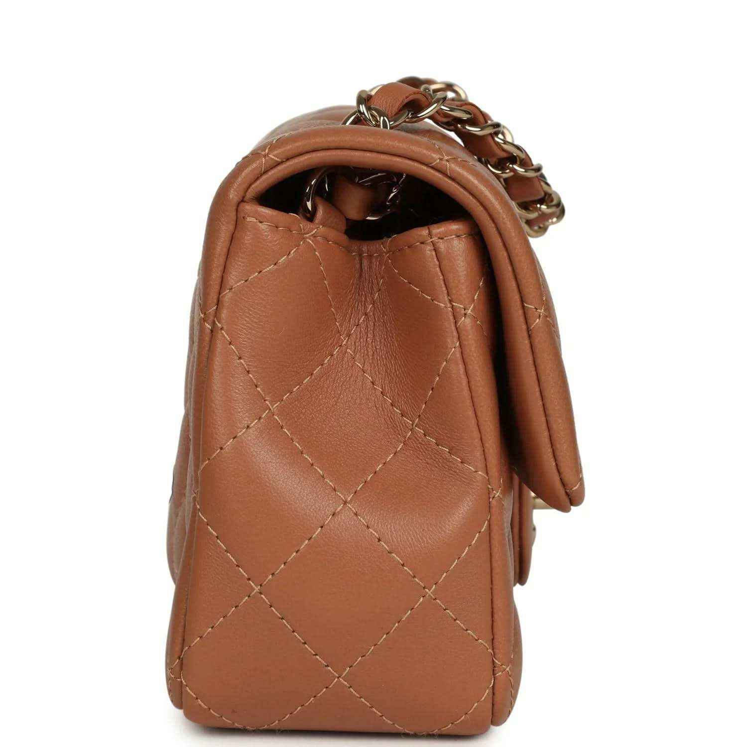 Mini flap bag, caramel quilted lambskin, open top with dark interior and chain hardware