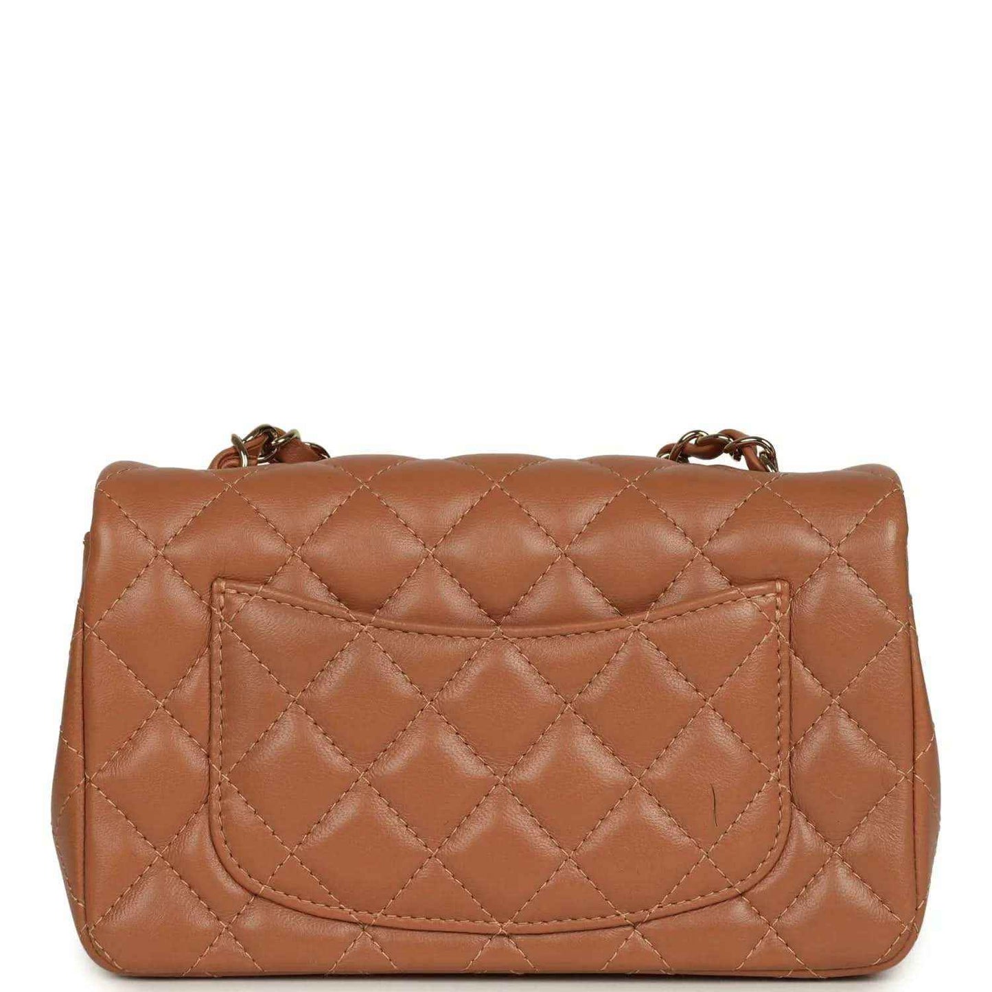 Mini rectangular flap bag, caramel quilted lambskin, back panel, gold-tone chain