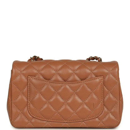 Mini rectangular flap bag, caramel quilted lambskin, back panel, gold-tone chain