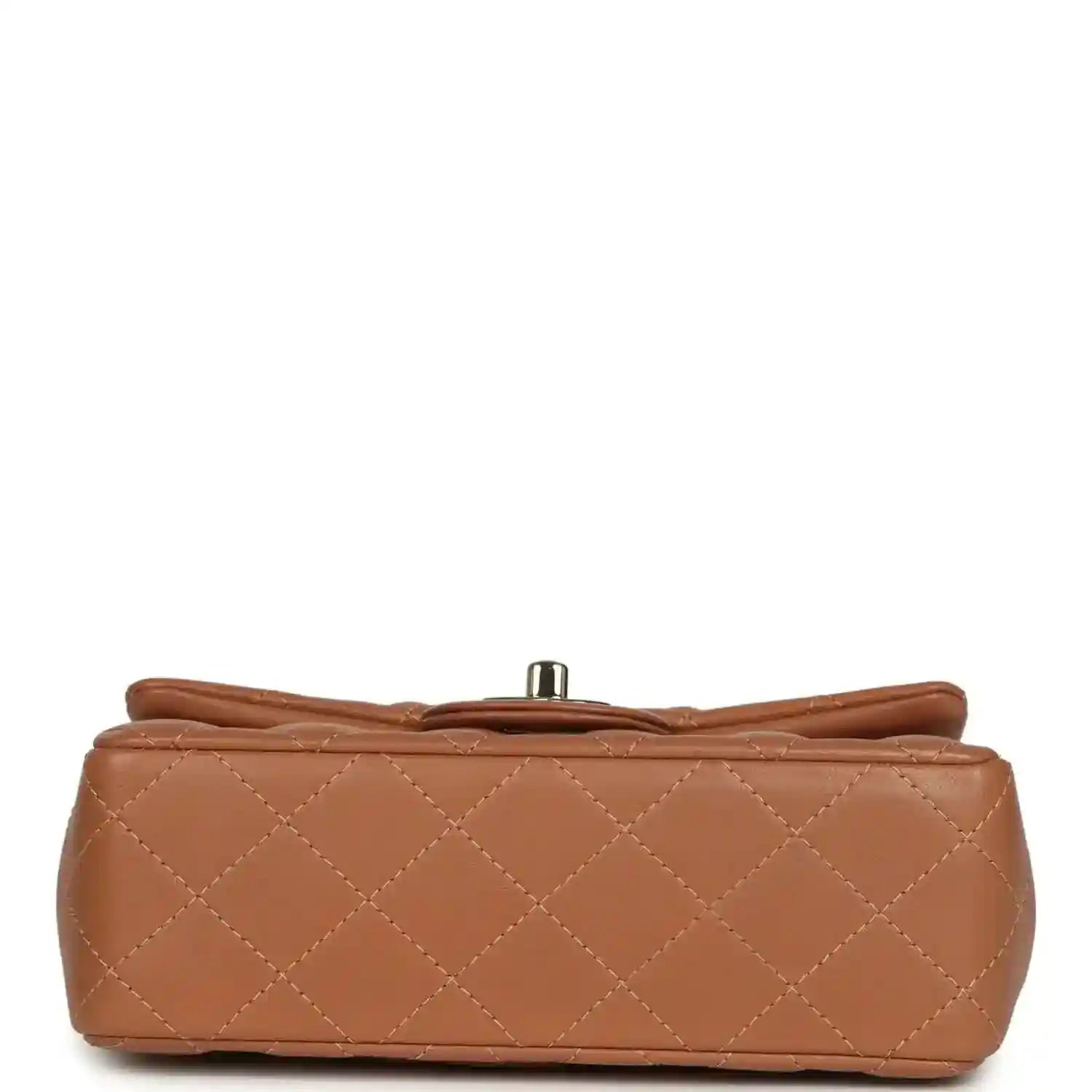 Mini rectangular flap bag bottom, caramel quilted lambskin, gold-tone clasp stud