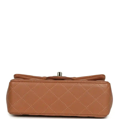 Mini rectangular flap bag bottom, caramel quilted lambskin, gold-tone clasp stud