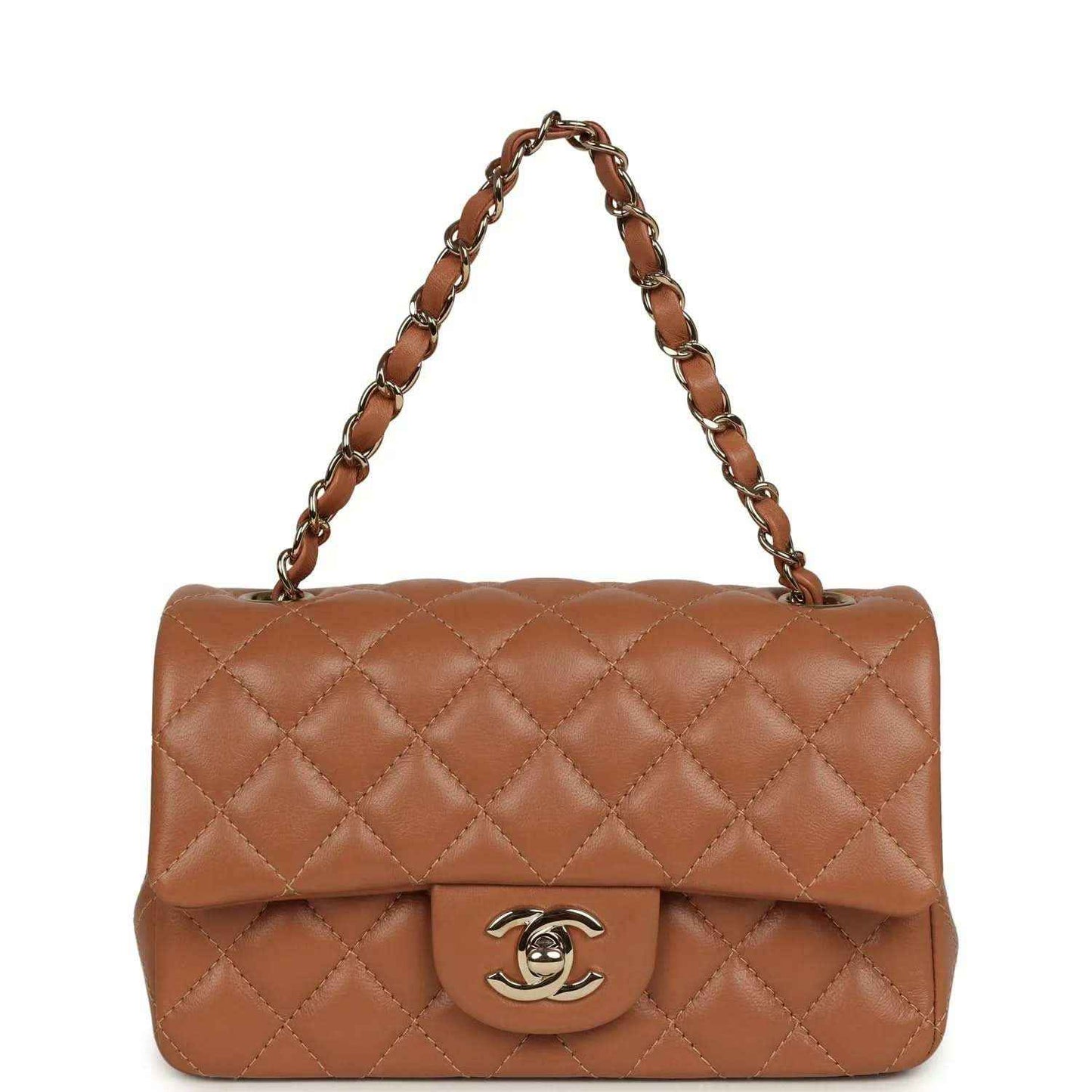 Mini rectangular flap bag, caramel quilted lambskin, gold-tone chain shoulder strap