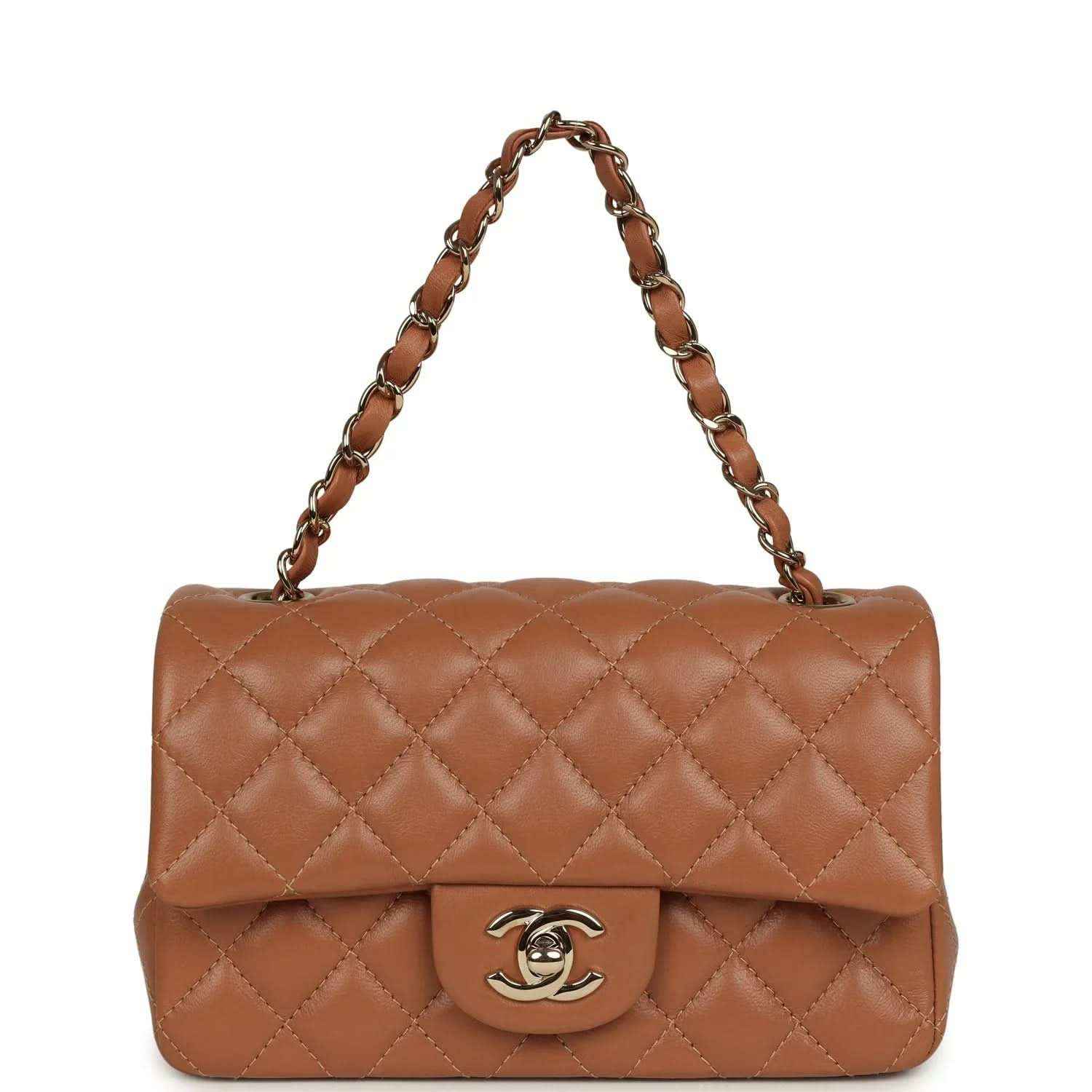 Mini rectangular flap bag, caramel quilted lambskin, gold-tone chain shoulder strap