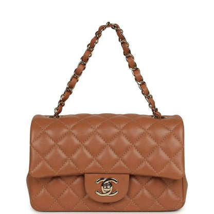 Mini rectangular flap bag, caramel quilted lambskin, gold-tone chain shoulder strap