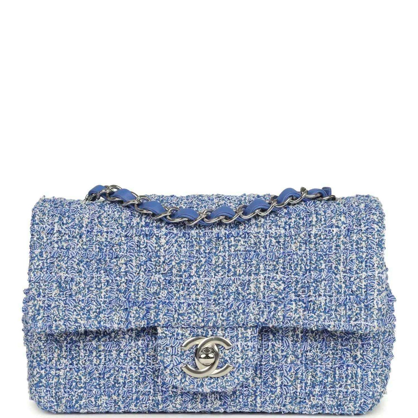 Blue and white tweed mini rectangular flap bag with silver turn-lock and chain strap