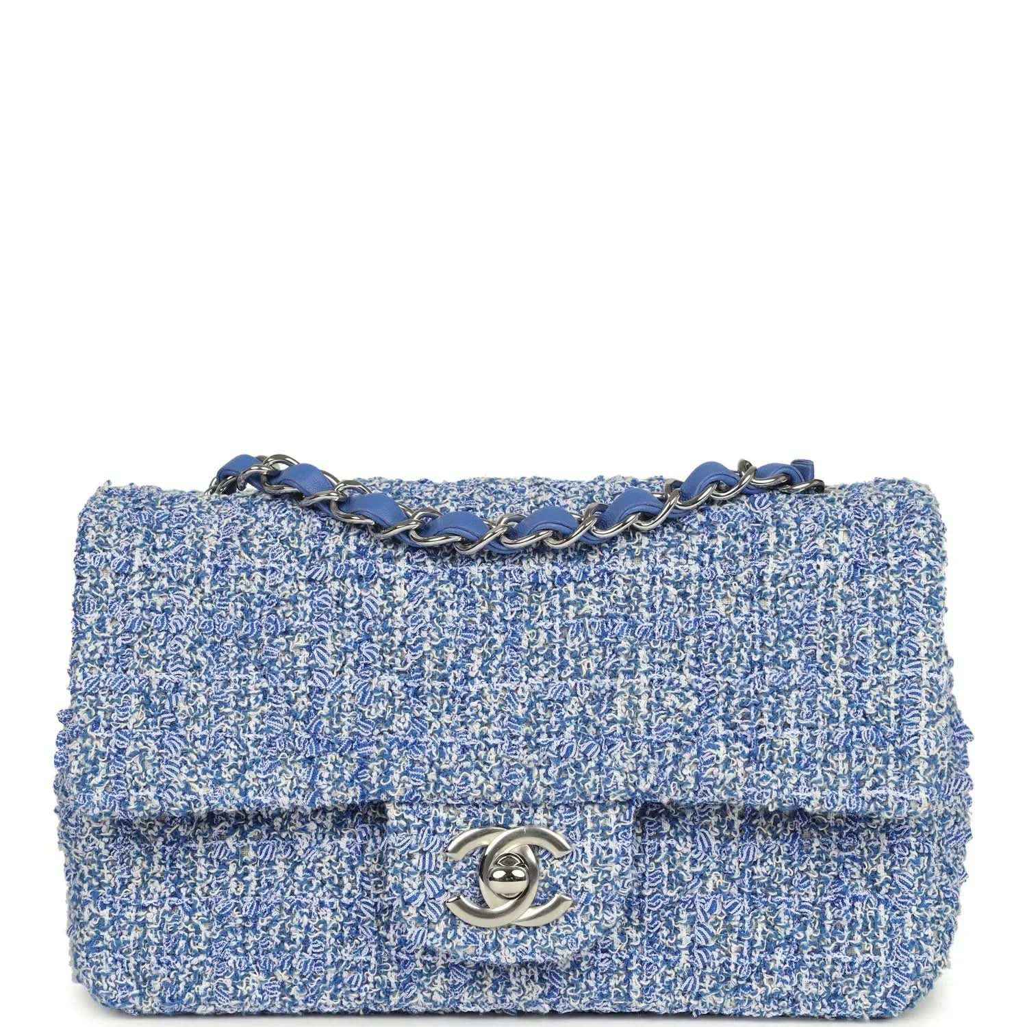 Blue and white tweed mini rectangular flap bag with silver turn-lock and chain strap