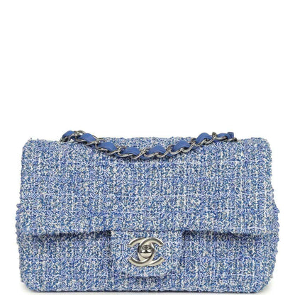 Blue and white tweed mini rectangular flap bag with silver turn-lock and chain strap