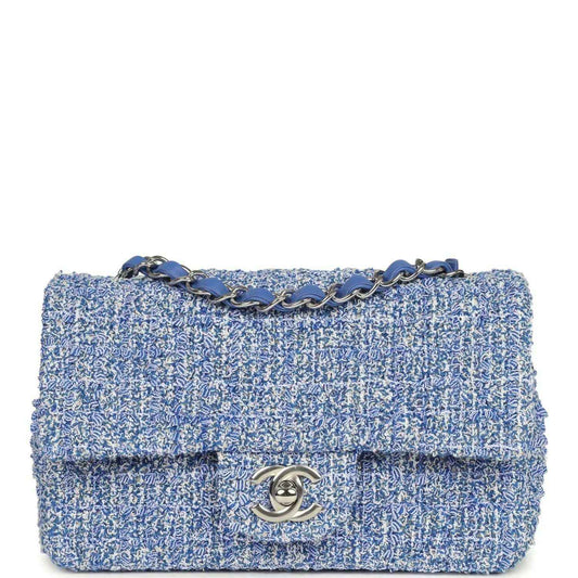 Blue and white tweed mini rectangular flap bag with silver turn-lock and chain strap