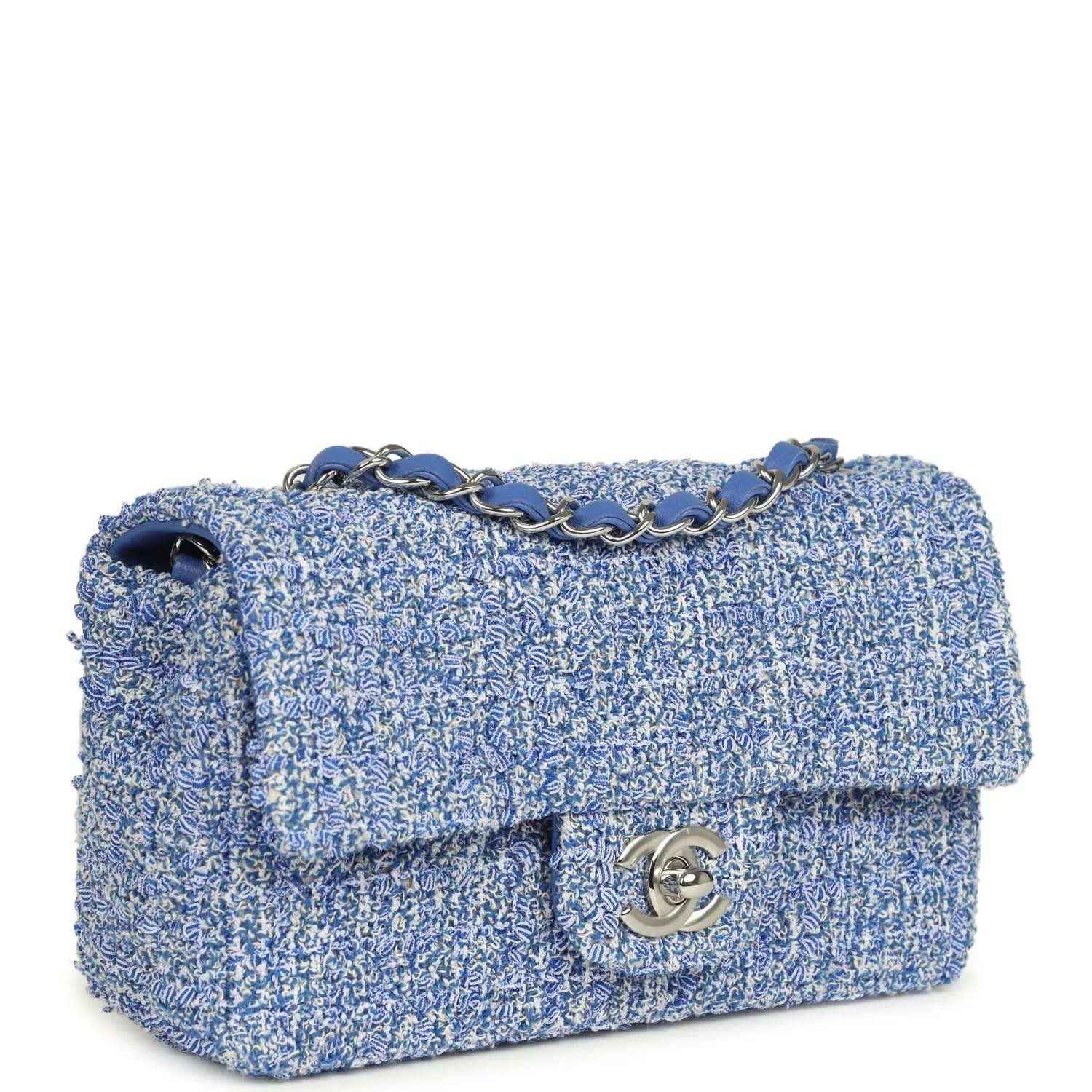 Blue and white tweed mini flap bag with chain strap and silver turn-lock logo