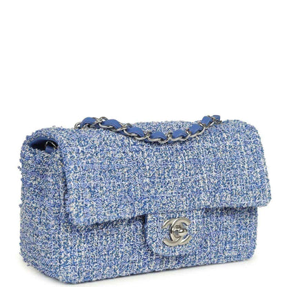 Blue and white tweed mini flap bag with chain strap and silver turn-lock logo
