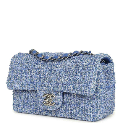 Blue and white tweed mini flap bag with silver CC logo front and chain strap