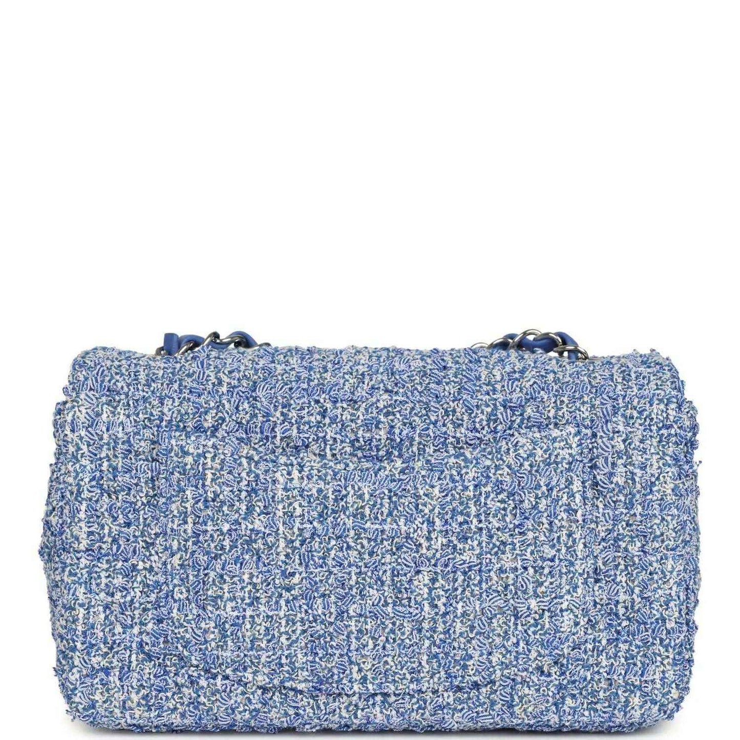 Blue and white tweed mini rectangular flap bag with top chain handle and silver clasp