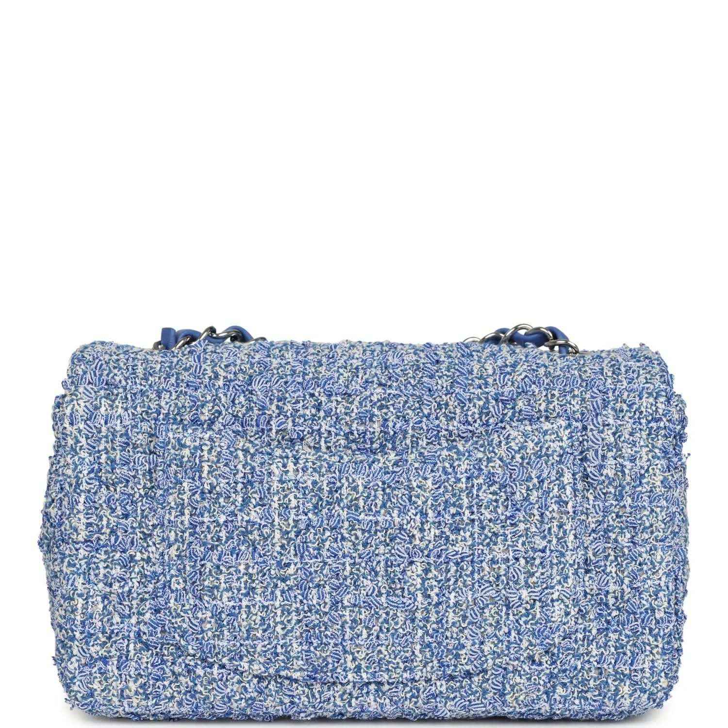 Blue and white tweed mini rectangular flap bag with top chain handle and silver clasp
