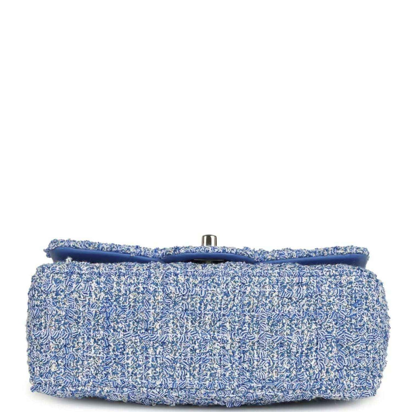 Blue and white tweed mini rectangular flap bag with top metal tab and chain strap