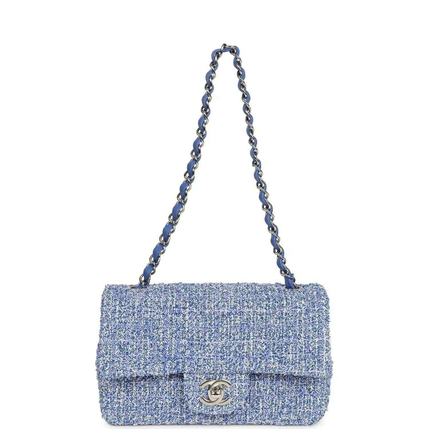 Blue and white tweed mini flap bag with chain strap and silver CC logo on front