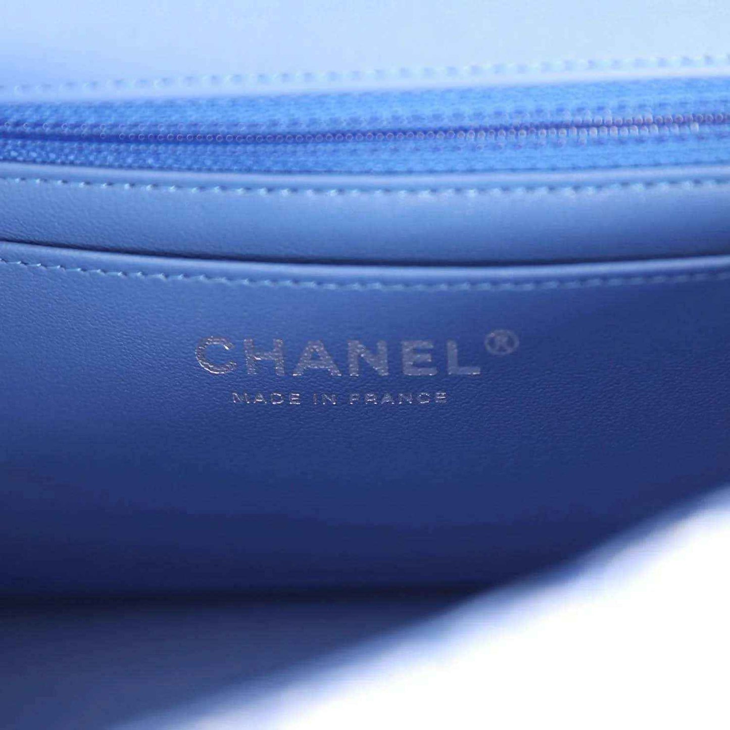 Blue lining with CHANEL logo and Made in France text