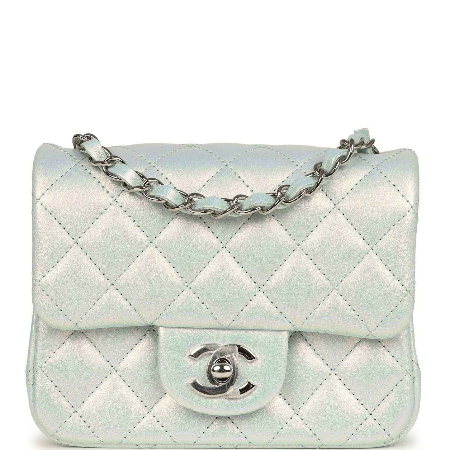 Mini square flap bag in iridescent light blue quilted calfskin with silver chain and CC clasp