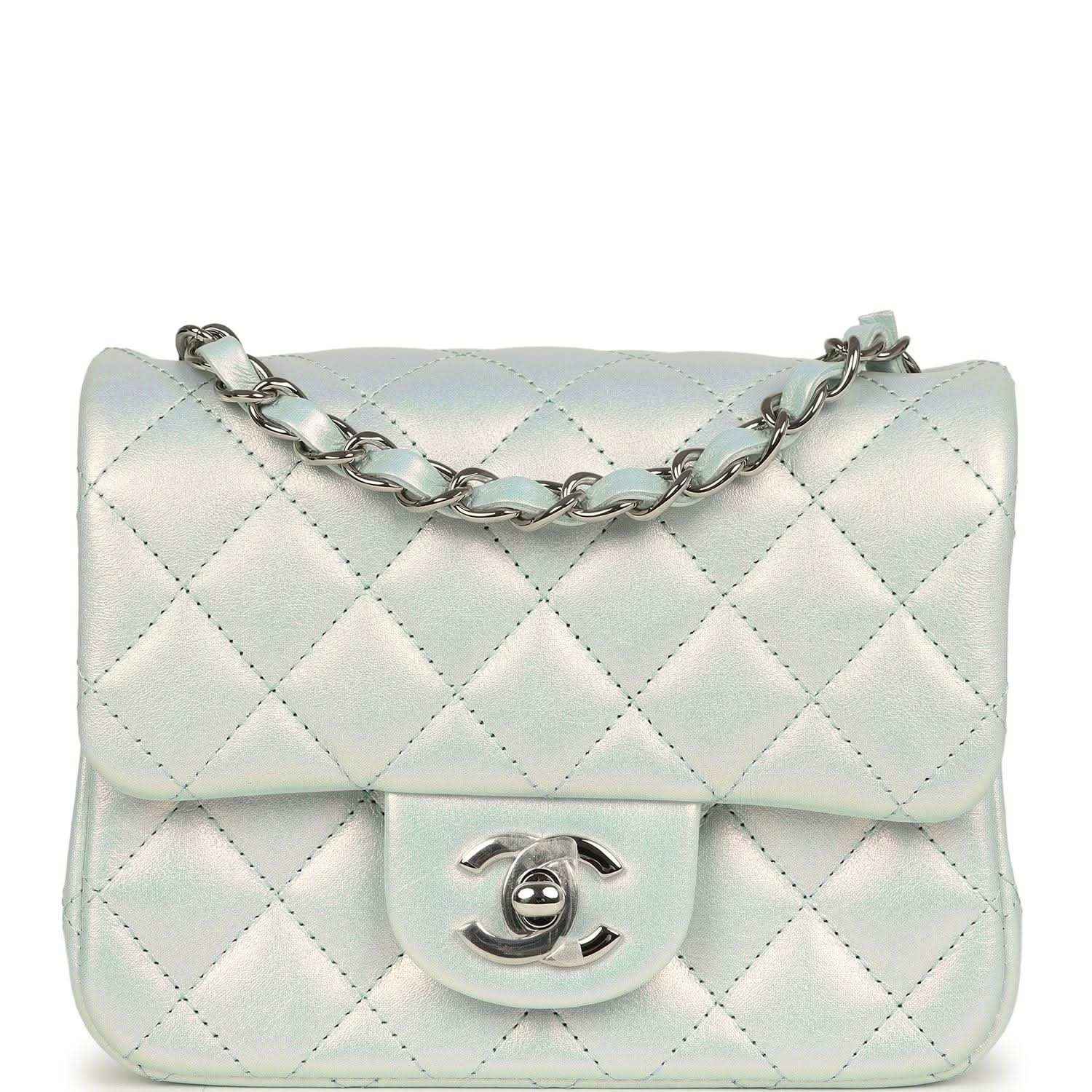 Mini square flap bag in iridescent light blue quilted calfskin with silver chain and CC clasp