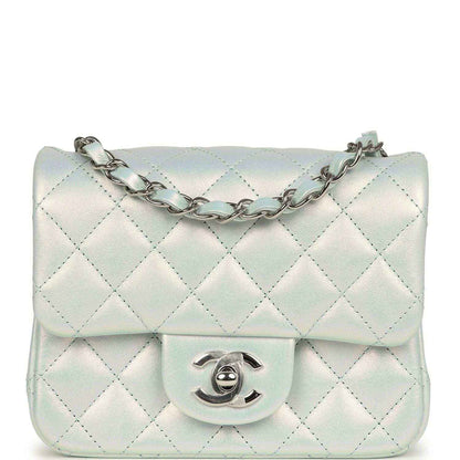 Mini square flap bag in iridescent light blue quilted calfskin with silver chain and CC clasp