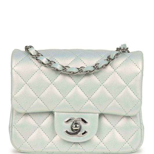 Mini square flap bag in iridescent light blue quilted calfskin with silver chain and CC clasp