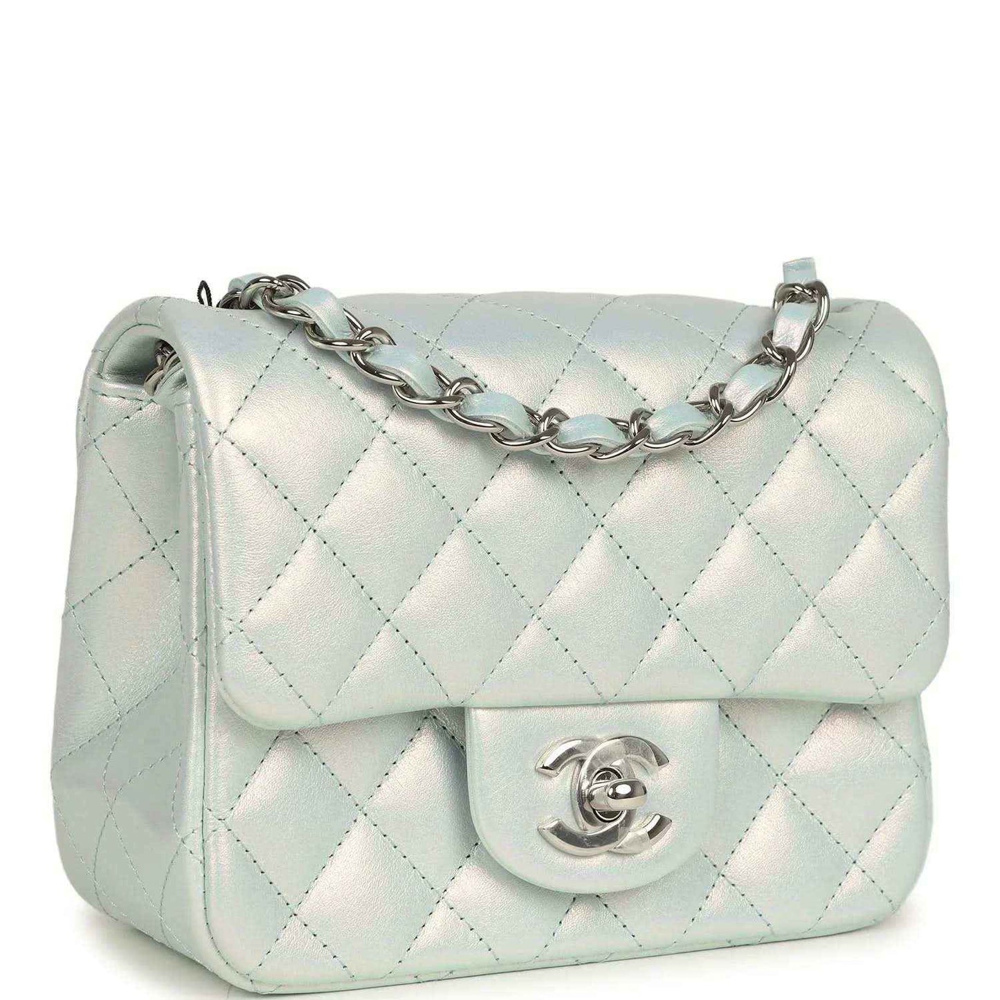 Mini square flap bag, iridescent light blue quilted leather, silver chain strap and turn-lock logo