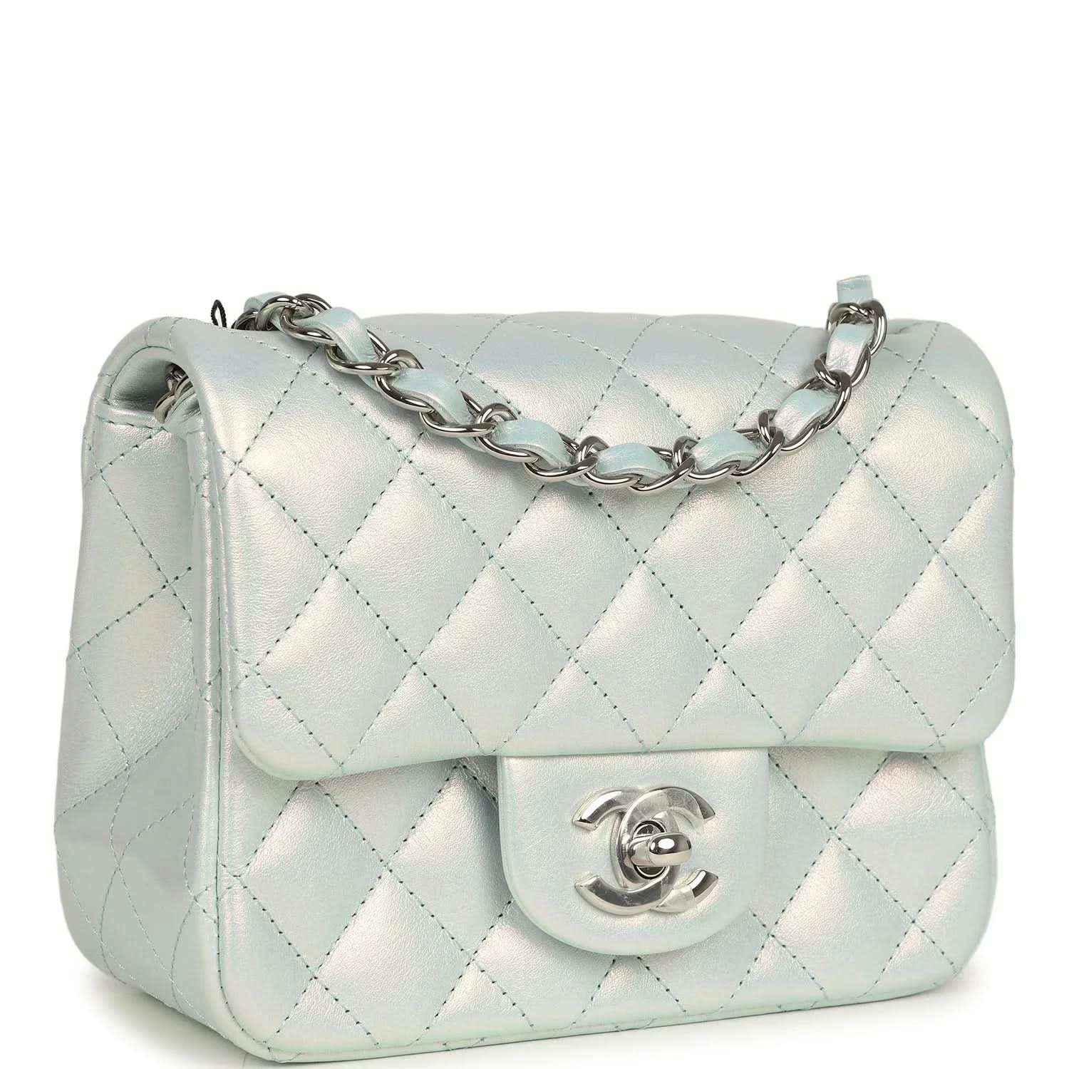 Mini square flap bag, iridescent light blue quilted leather, silver chain strap and turn-lock logo