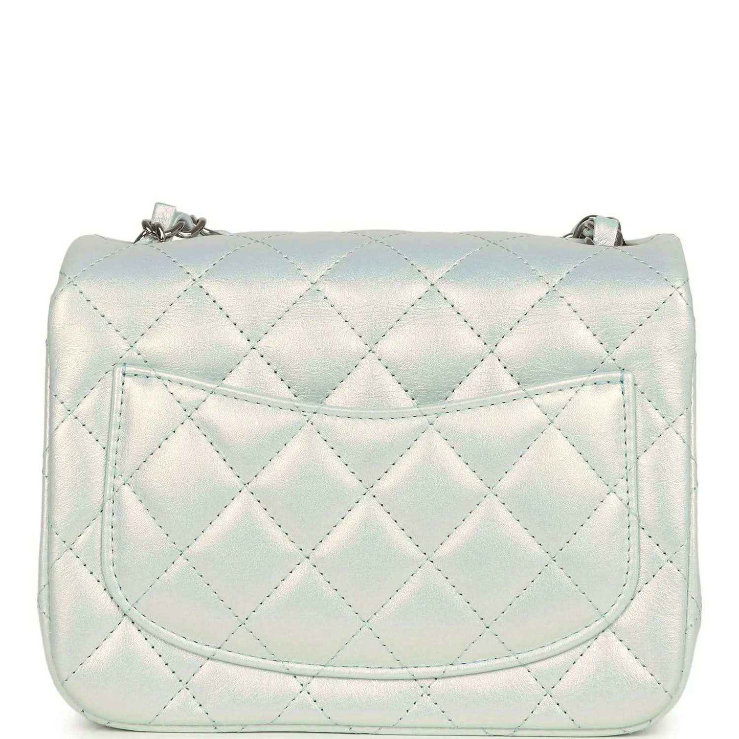Mini square flap bag in iridescent light blue quilted leather with curved front pocket flap